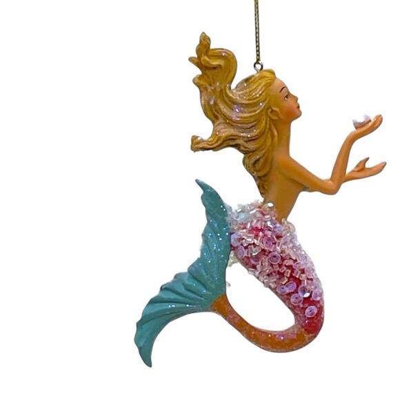 Mermaid Christmas Ornament Pearl Sequin Tail Hand Painted Ocean Fantasy Decor - Picture 8 of 8